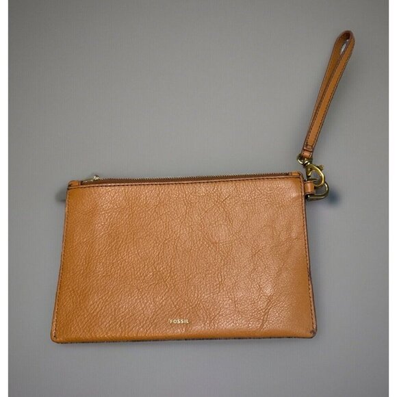 Fossil Wristlet‎ Wallet Genuine Leather Embossed Tan Inner Pocket Zip Pouch 6x9" - Picture 1 of 7